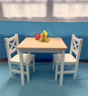 PETIT BATEAU Toddler Kids Table and 2 Chairs Set Solid Wood Modern Wooden Furniture for 2-8 Years Boy Girl Children Gift