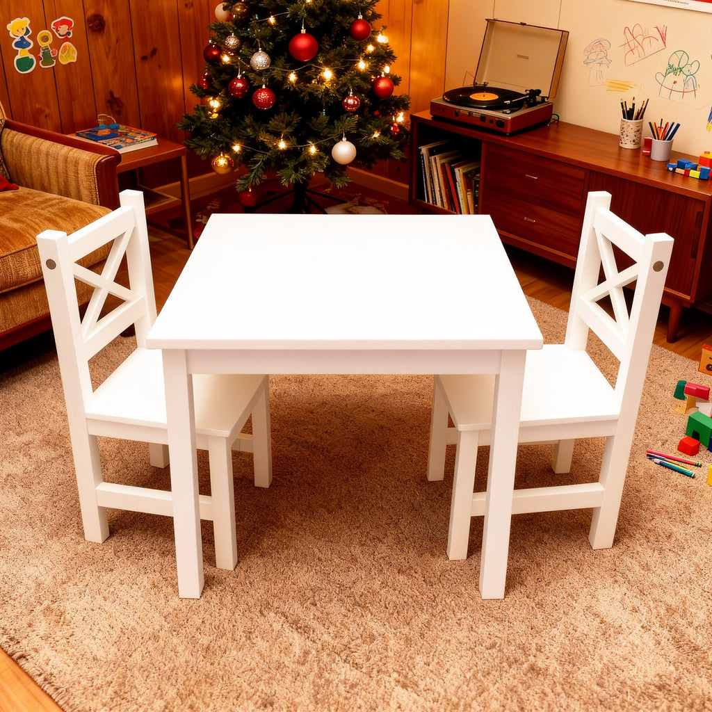 PETIT BATEAU Solid Wood Kids Table and 2 Chairs Set,Montessori Modern AMMEHOELA Irish Designer for 2-8 Years Toddler,MilkyWhite