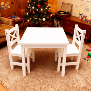 PETIT BATEAU Solid Wood Kids Table and 2 Chairs Set,Montessori Modern AMMEHOELA Irish Designer for 2-8 Years Toddler,MilkyWhite