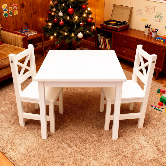 PETIT BATEAU Solid Wood Kids Table and 2 Chairs Set,Montessori Modern AMMEHOELA Irish Designer for 2-8 Years Toddler,MilkyWhite